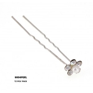 12 Piece Hair Stick Set - Clear Crystal Flower w/ Faux Pearl - CS-9004PERL